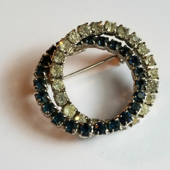 Relisted - Vintage circles brooch blue silver tone pin rhinestone - Picture 6 of 7